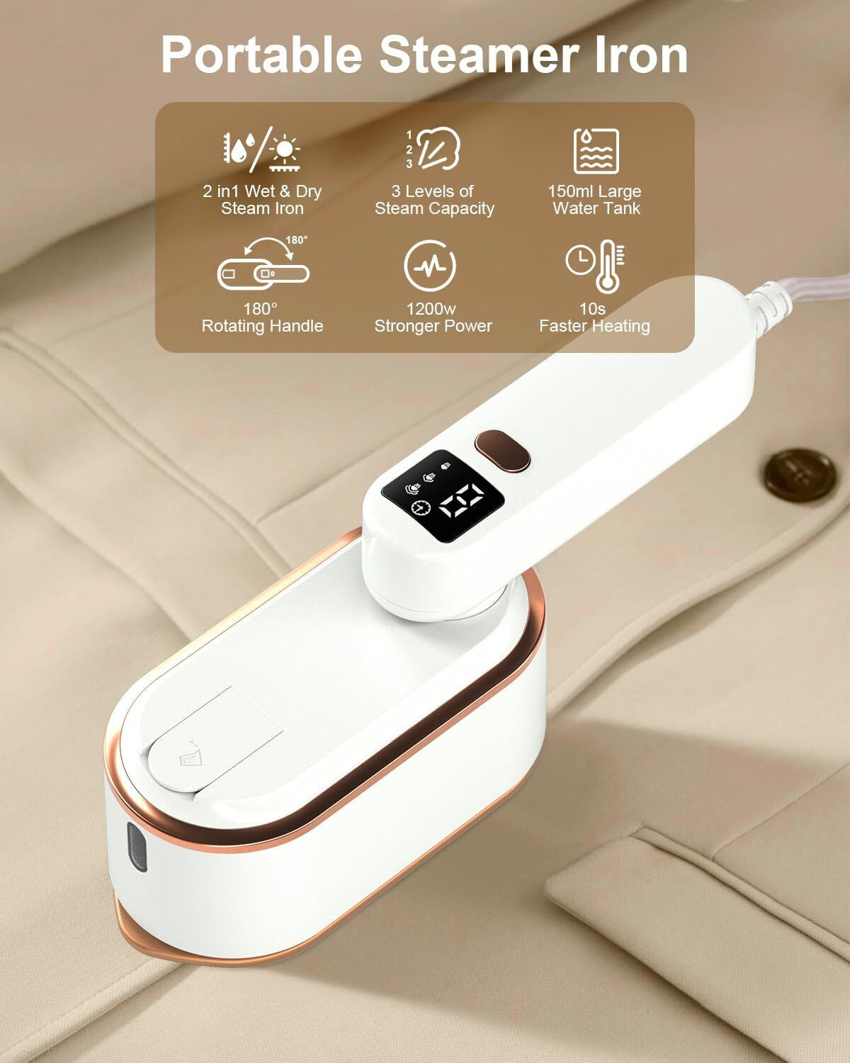 Travel Steamer Iron for Clothes - 1200W Handheld Size Portable Travel Steamer